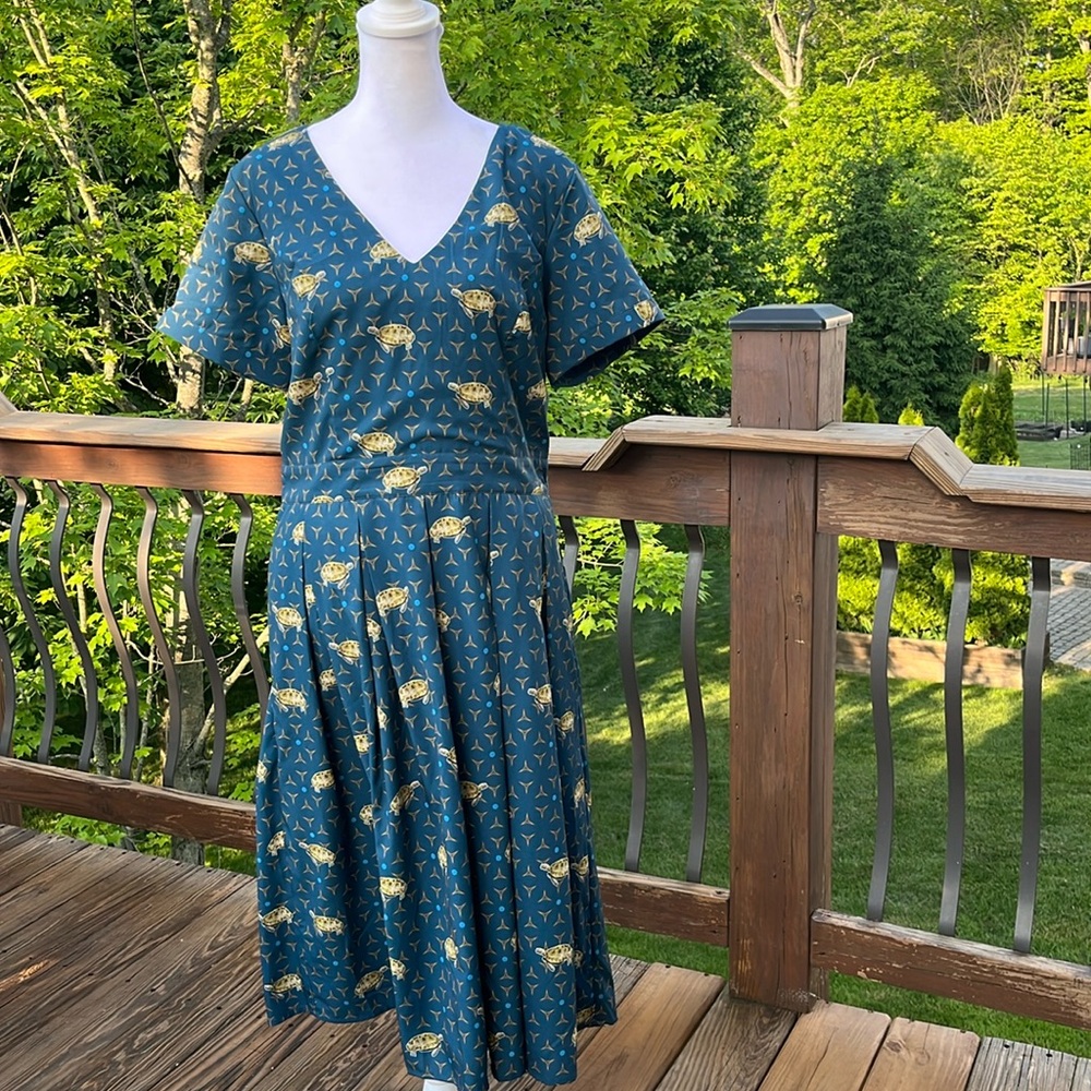 Sea Turtle fit and flare dress from eShakti, blue green with gold design